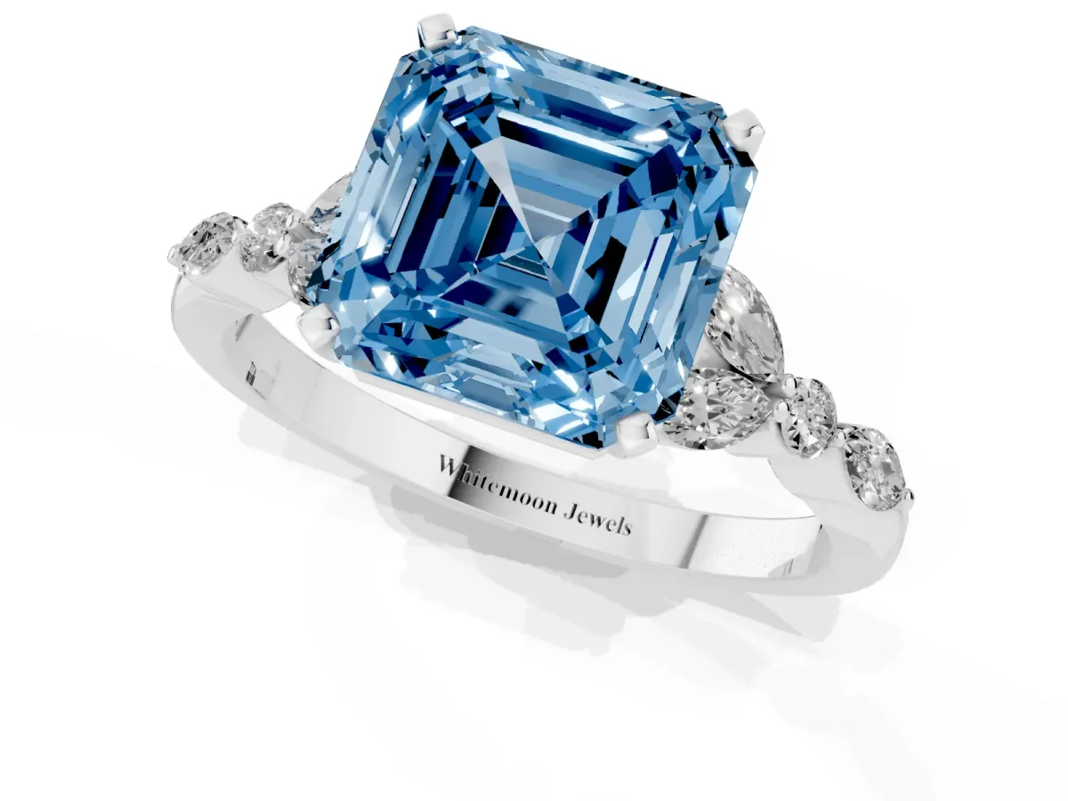 Fancy Blue Asscher Cut Diamond Solitaire Ring with Side Stones and Four-Prong Setting Silver