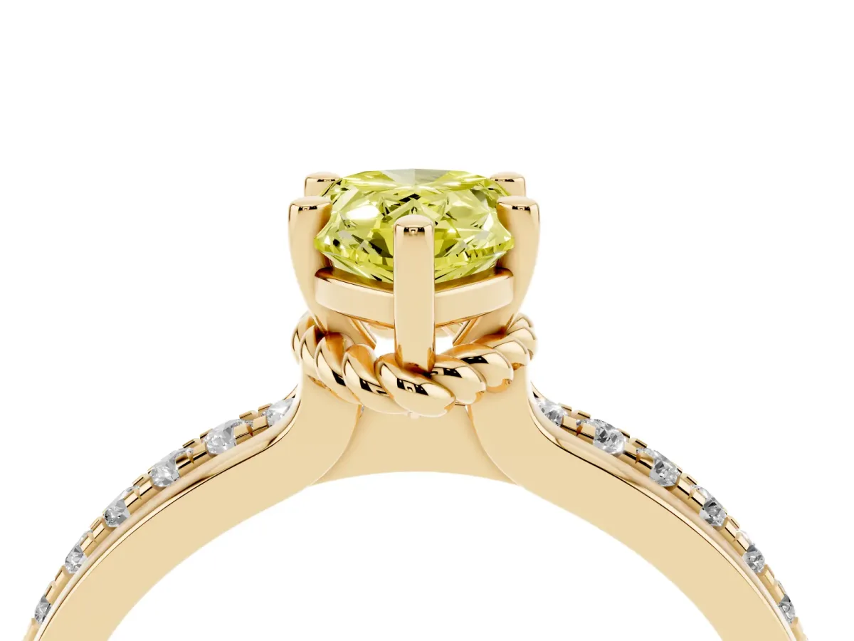 Fancy Yellow Pear Cut Solitaire Diamond Ring with Channel Set Band and Six-Prong Setting Yellow gold