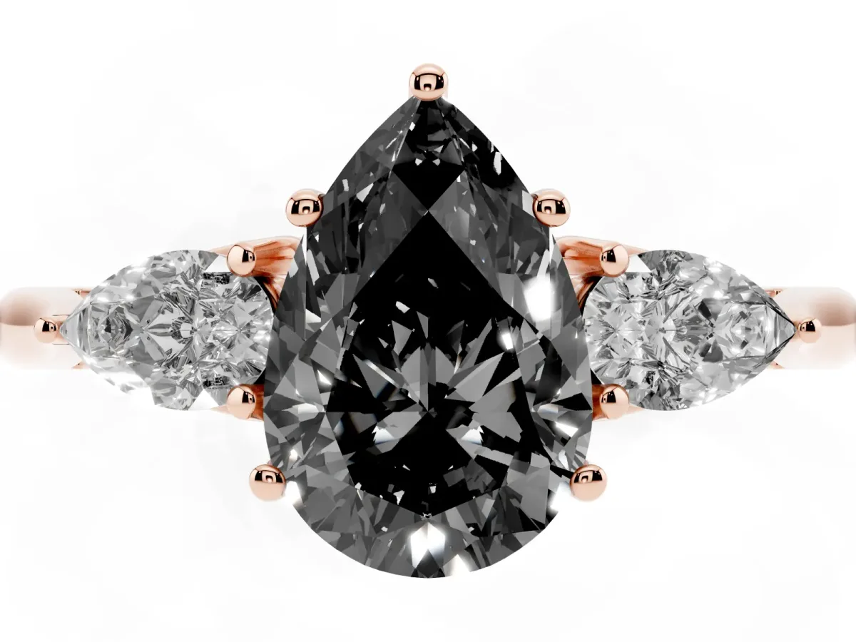 Fancy Black Three-Stone Pear Cut Brilliant Diamond Solitaire Ring with Tapered Band and Four-Prong Setting Rose gold