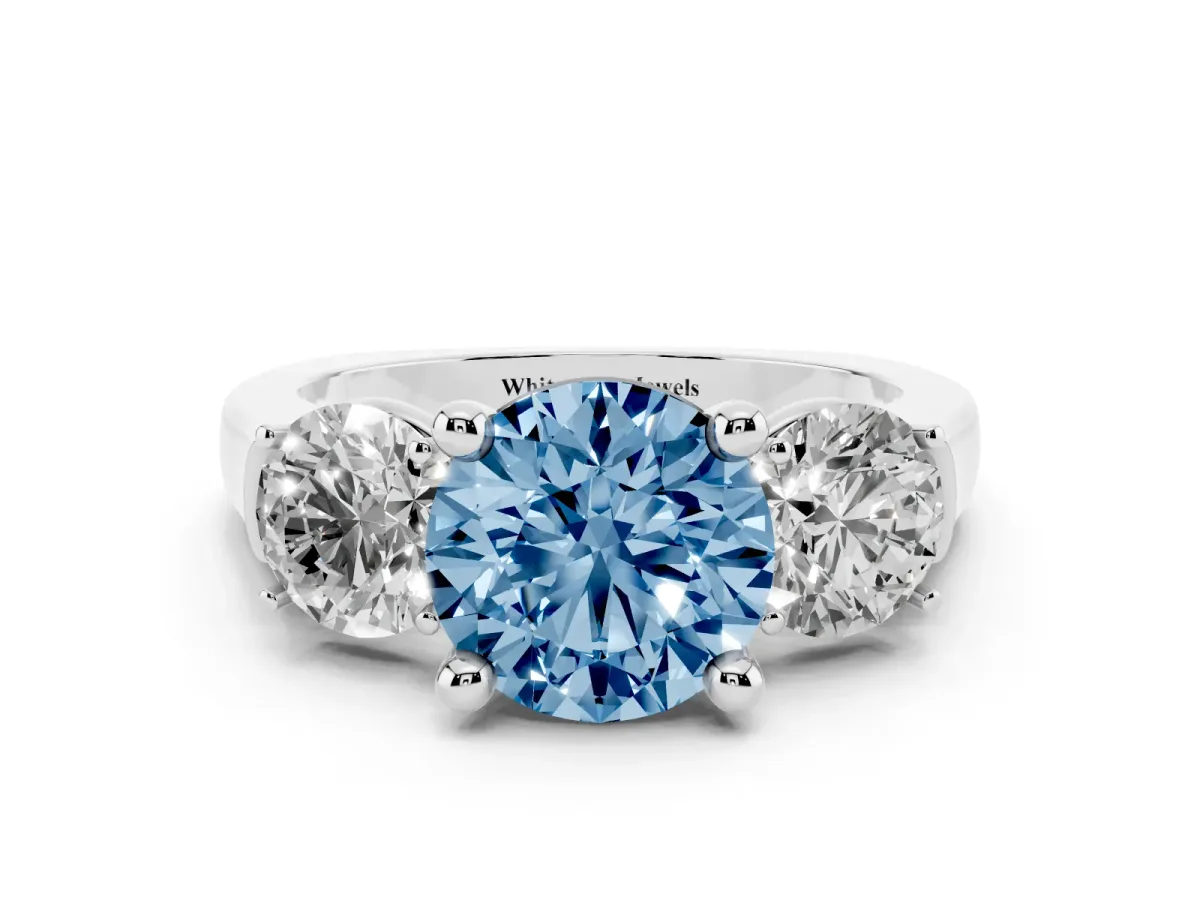 Fancy Blue Three-Stone Round Cut Brilliant Diamond Trellis Ring with Comfort Fit Band White gold