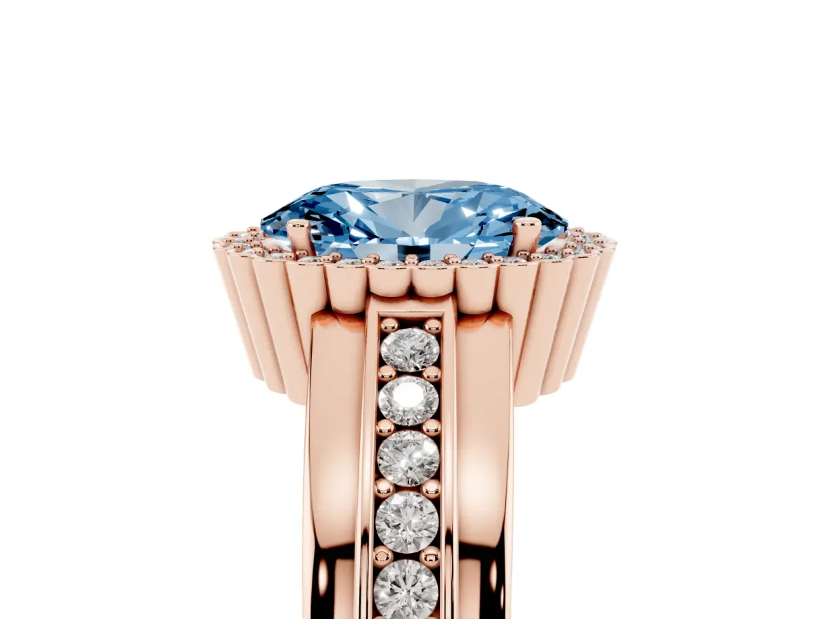 Fancy Blue Oval Cut Cut Halo Pave Band Four-Prong Ring Rose gold