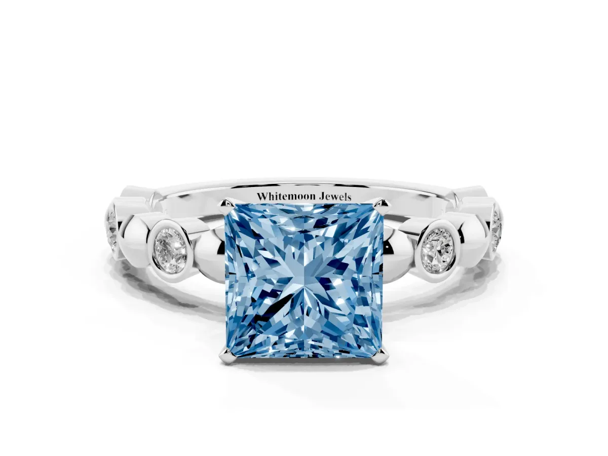 Fancy Blue Princess Cut Solitaire Bezel-Set Diamond Ring with Beaded Band and Four-Prong Setting Silver