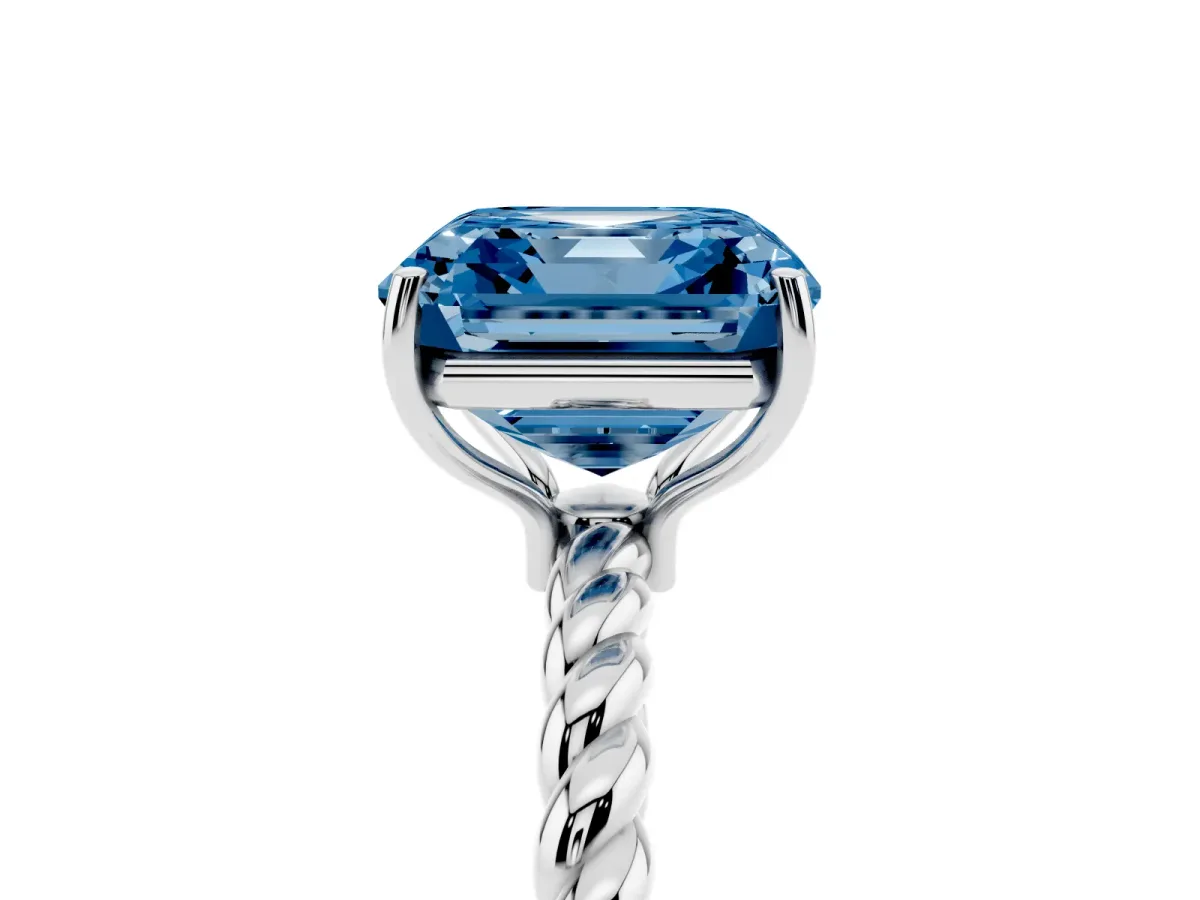 Fancy Blue Asscher Cut Solitaire Twist Band Ring with Four-Prong Setting Silver