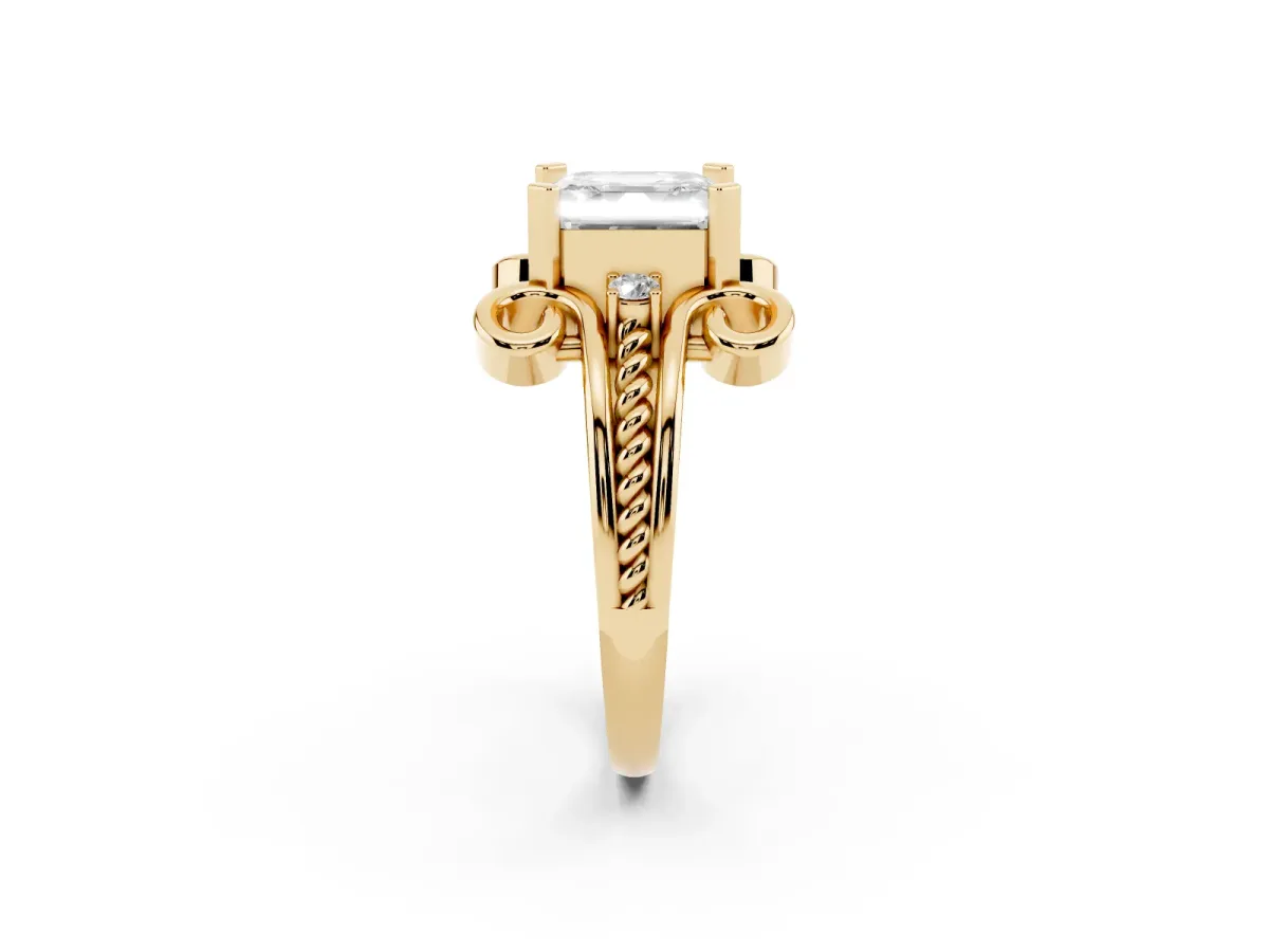 Asscher Cut Solitaire Twisted Band Scroll Prong Ring Yellow gold