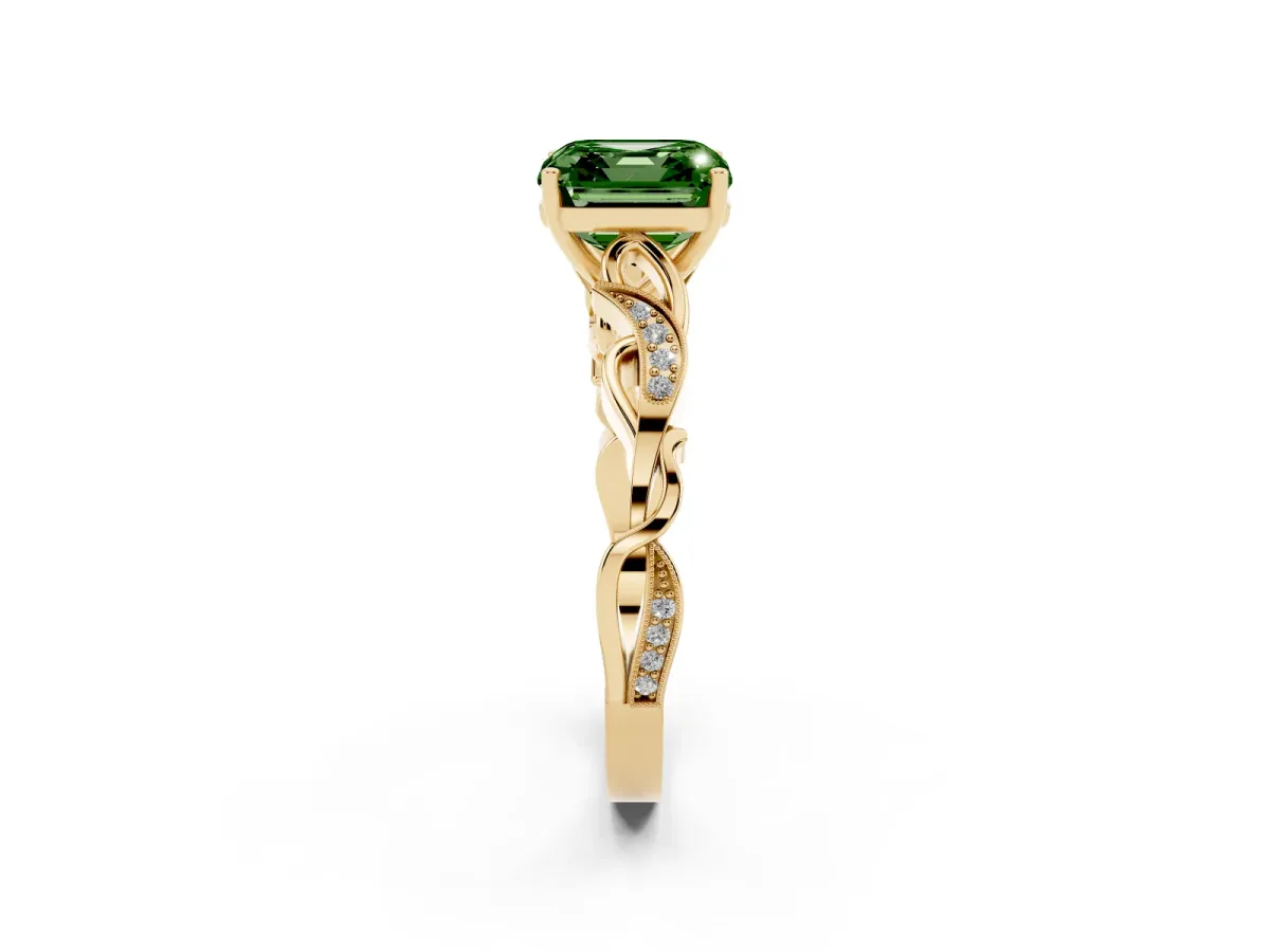 Fancy Green Asscher Cut Solitaire Vine Band with Milgrain Prong Setting Yellow gold
