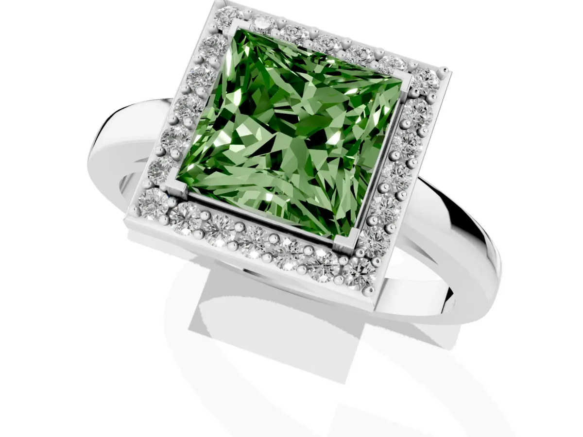Fancy Green Princess Cut Halo Diamond Ring with Solitaire Band and Prong Setting Silver
