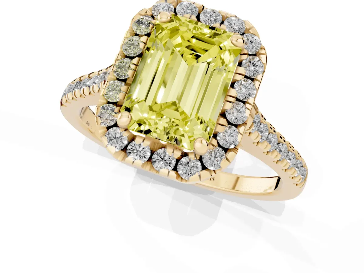 Fancy Yellow Emerald Cut Diamond Cushion Halo Ring with Pavé Band Yellow gold
