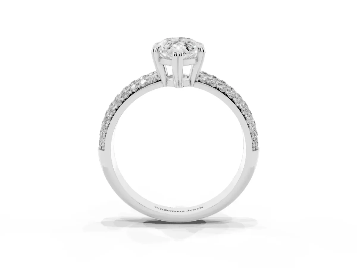 Marquise Cut Diamond Solitaire Ring with Multi-Row Round Pavé Band and Prong Setting Silver