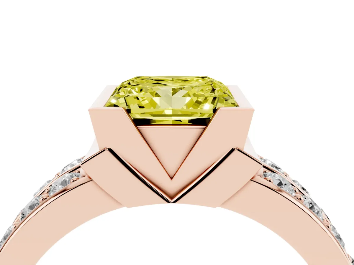 Fancy Yellow Princess Cut Brilliant Diamond Channel Set Wide Band Ring with Bezel Setting Rose gold