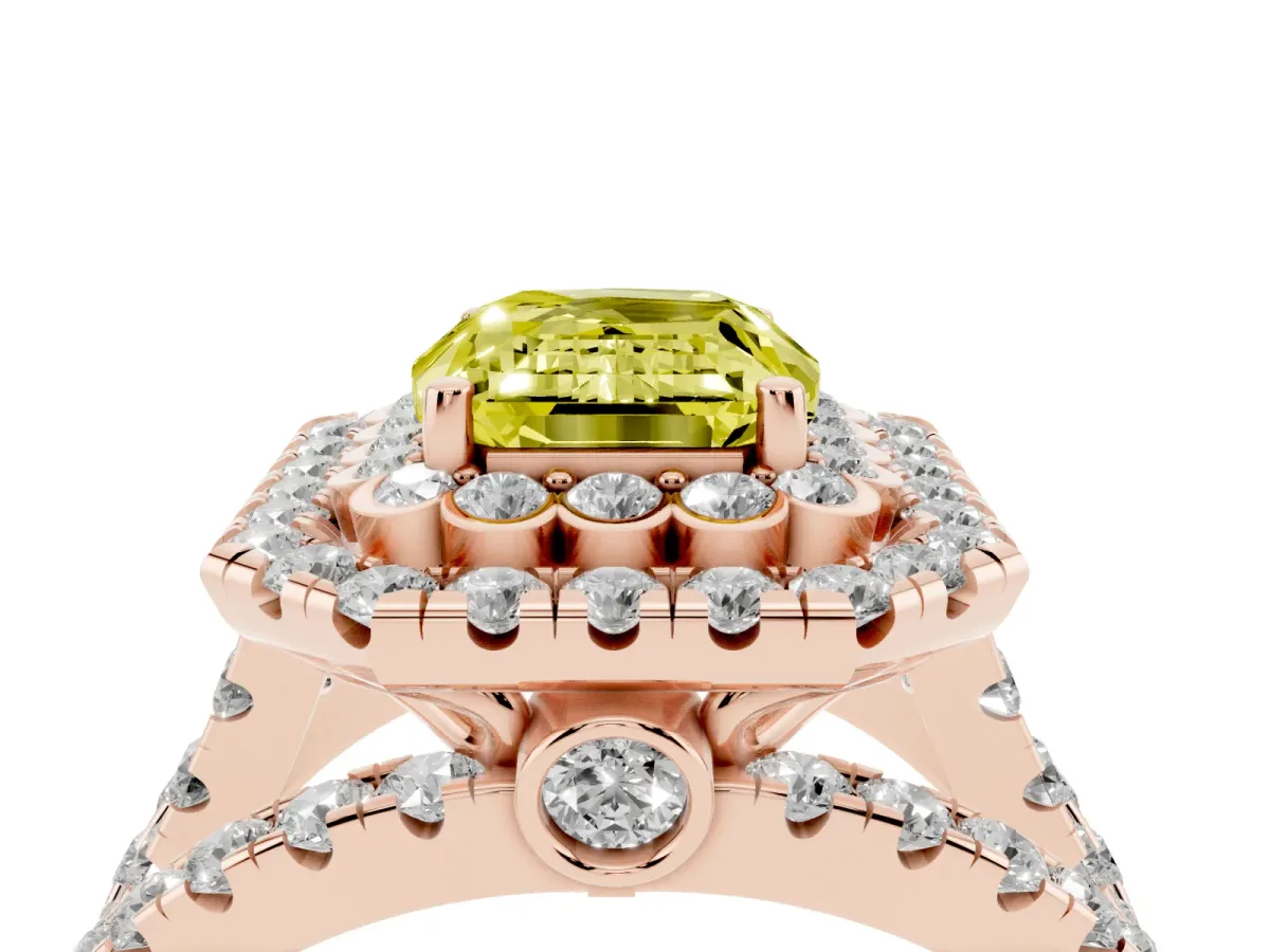 Fancy Yellow Emerald Cut Diamond Double Halo Ring with Round Pavé Split Shank and Prong Setting Rose gold