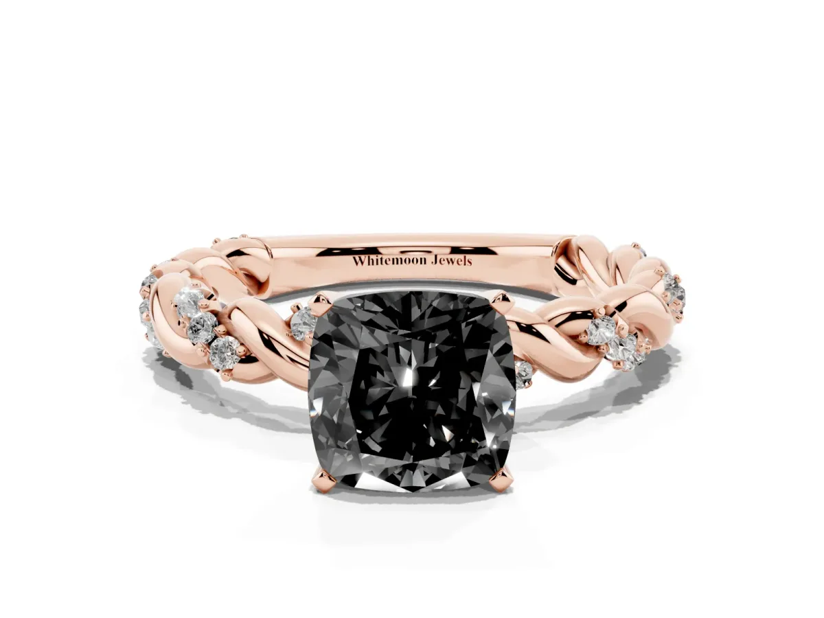 Fancy Black Cushion Cut Diamond Solitaire Ring with Twisted Band and Pavé Accents Rose gold