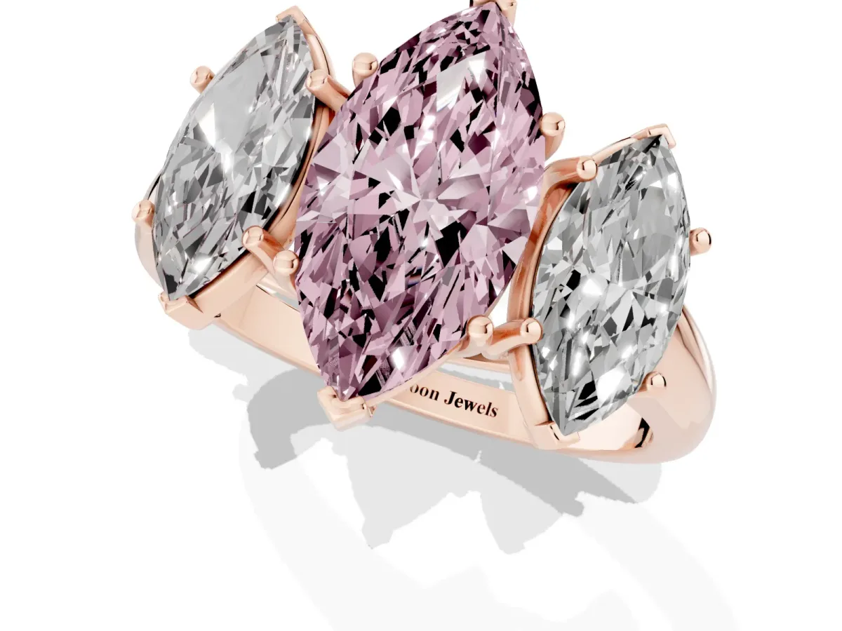 Fancy Pink Three-Stone Marquise Cut Diamond Engagement Ring with Prong Setting Rose gold
