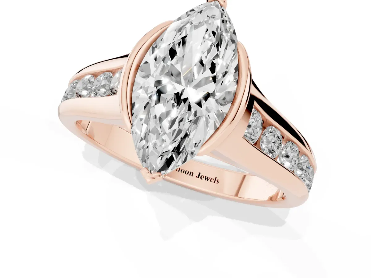 Marquise Cut Solitaire Bezel-Set Diamond Ring with Channel-Set Band Rose gold