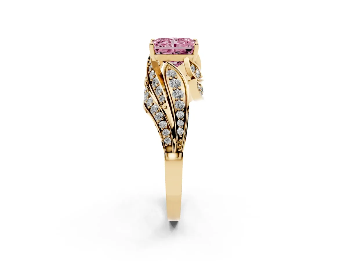 Fancy Pink Radiant Cut Diamond Solitaire Ring with Prong Setting and Twisted Pavé Band Yellow gold