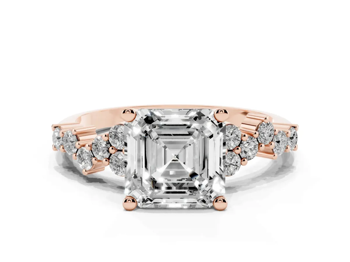Asscher Cut Diamond Scattered Round Accent Ring with Prong Setting Rose gold