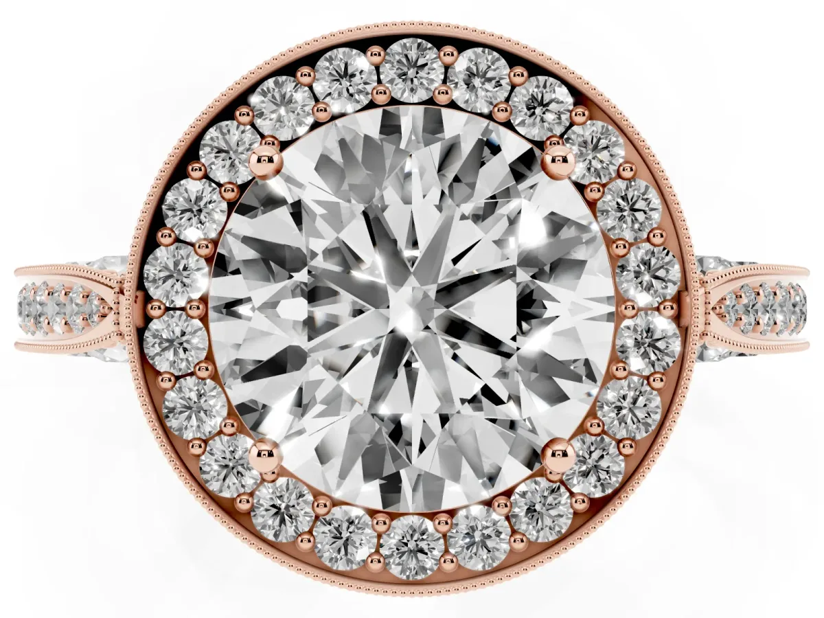 Round Cut Halo Diamond Engagement Ring with Split Shank Band and Four-Prong Setting Rose gold