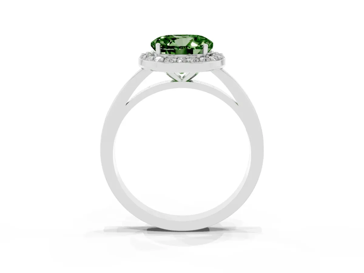 Fancy Green Round Cut Halo Diamond Ring with Solitaire Band and Prong Setting Silver