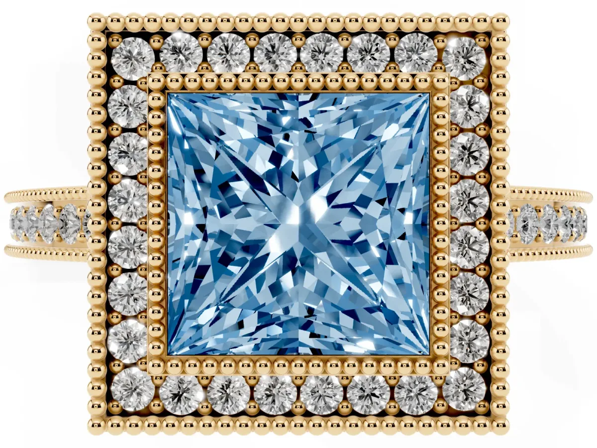 Fancy Blue Princess Cut Cut Halo Diamond Ring with Pavé Band and Milgrain Prong Setting Yellow gold