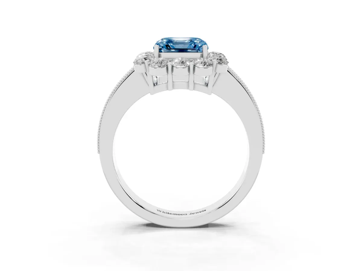 Fancy Blue Asscher Cut Cut Halo Diamond Pavé Engagement Ring with Milgrain Detailing Platinum