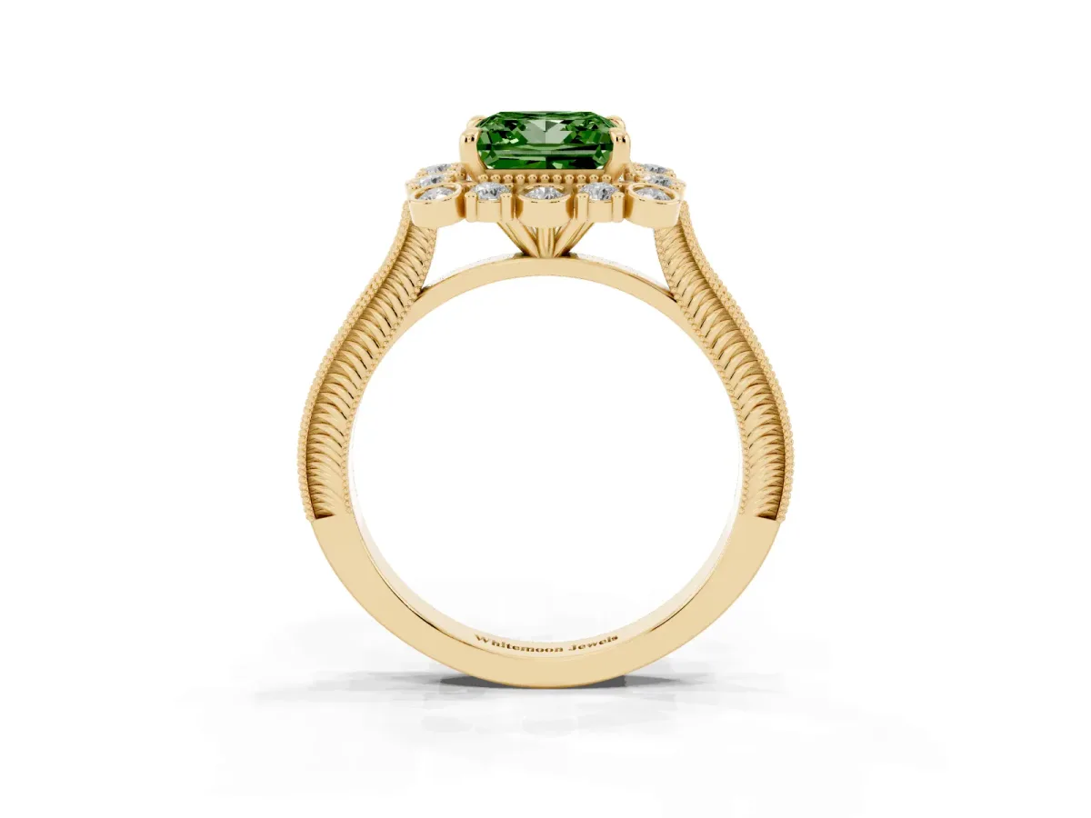 Fancy Green Princess Cut Halo Milgrain Pave Diamond Ring with Four-Prong Setting Yellow gold