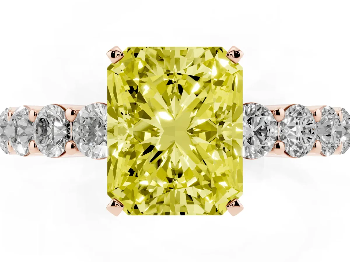 Fancy Yellow Radiant Cut Diamond Solitaire Ring with Shared Prong Round Side Stones Rose gold