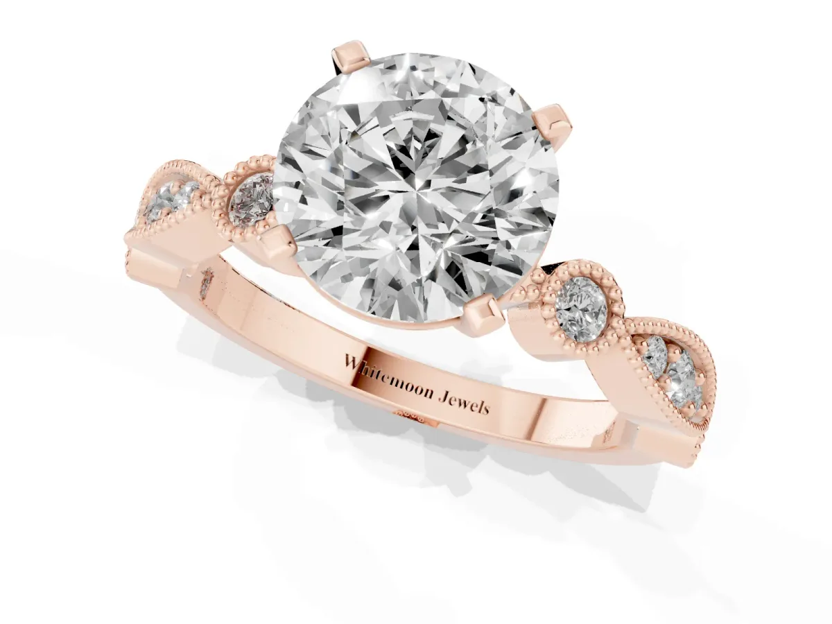 Round Cut Milgrain Bezel Diamond Engagement Ring with Solitaire Prong Setting Rose gold