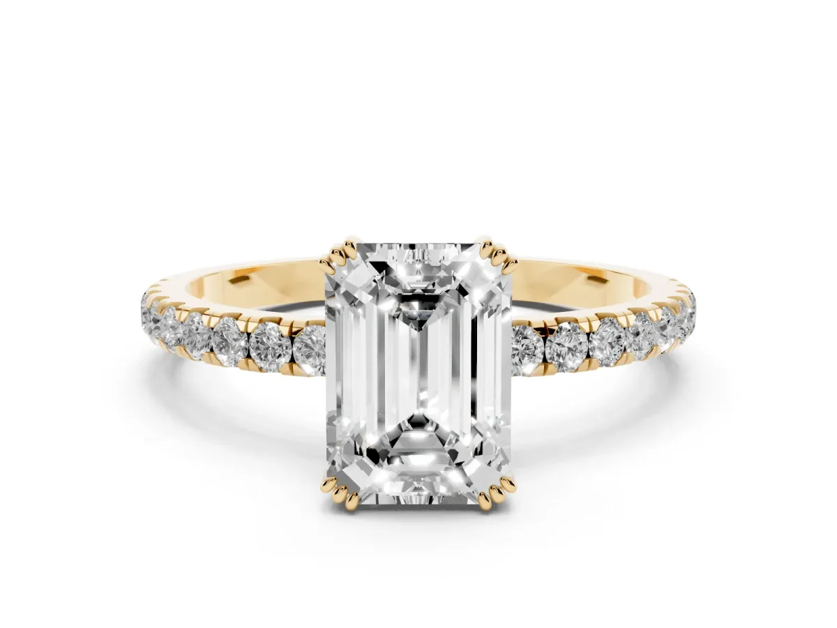 Emerald Cut Brilliant Solitaire with Pavé Band and Claw Prong Setting Yellow gold