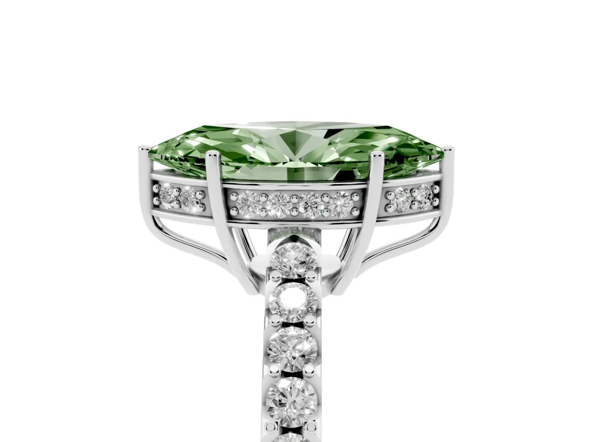 Fancy Green Marquise Cut Solitaire Diamond Engagement Ring with Pavé Band and Six-Prong Setting Silver