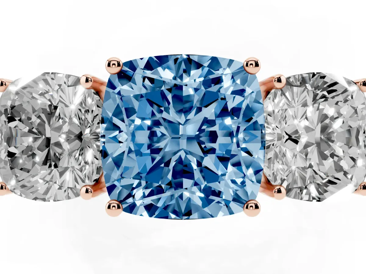 Fancy Blue Cushion Cut Diamond Three-Stone Ring with Prong Setting and Textured Band Rose gold