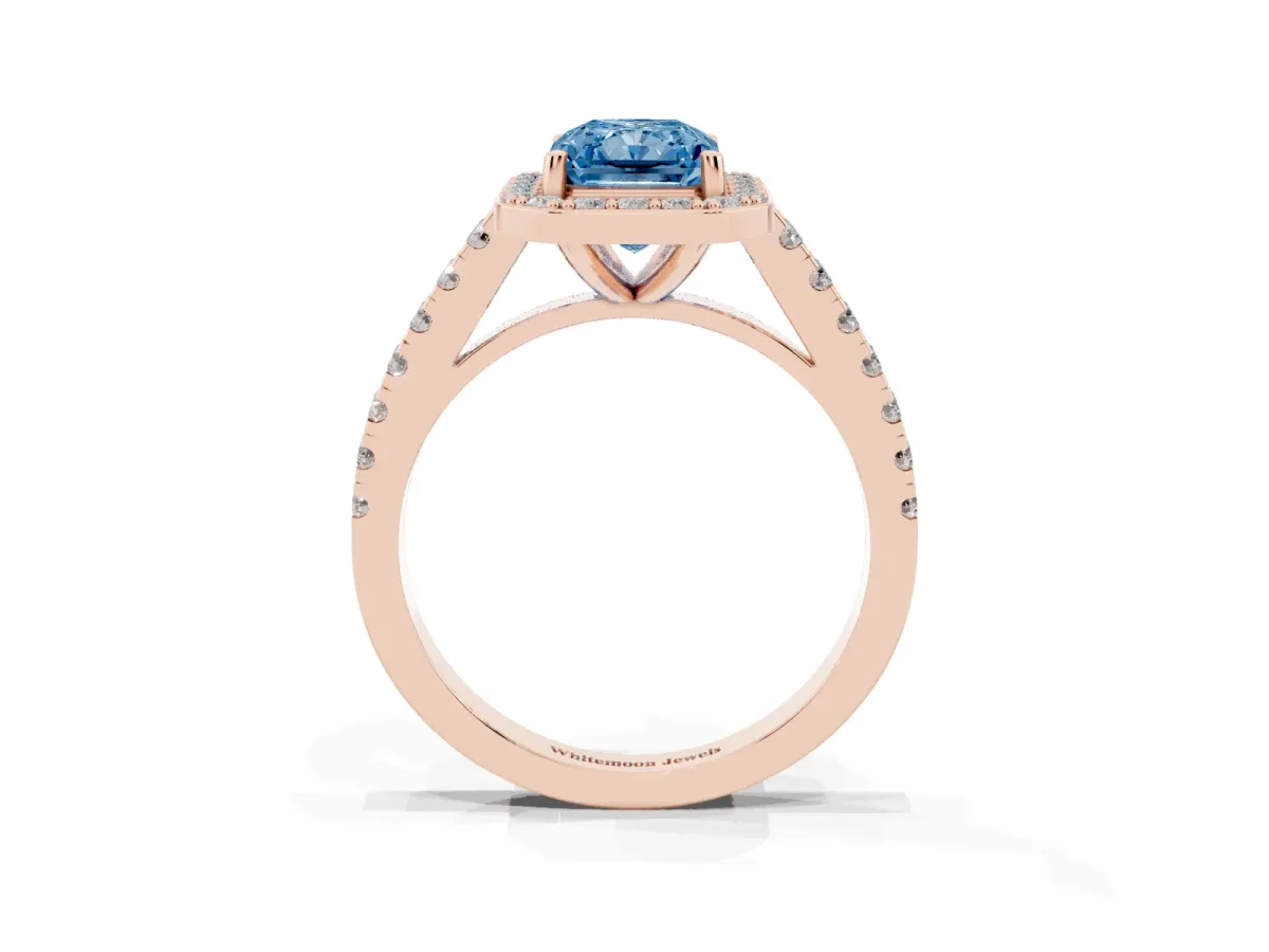 Fancy Blue Radiant Cut Diamond Halo Ring with Round Pavé Split Shank and Prong Setting Rose gold