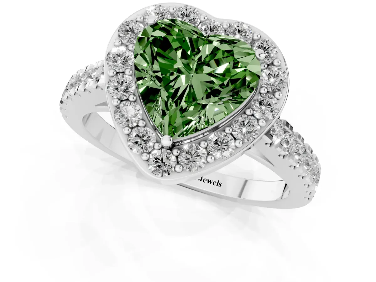 Fancy Green Heart Cut Diamond Halo Ring with Round Pavé Split Shank and Prong Setting White gold