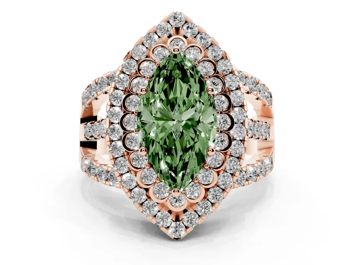 Fancy Green Marquise Cut Diamond Double Halo Ring with Round Pavé Split Shank and Prong Setting Rose gold