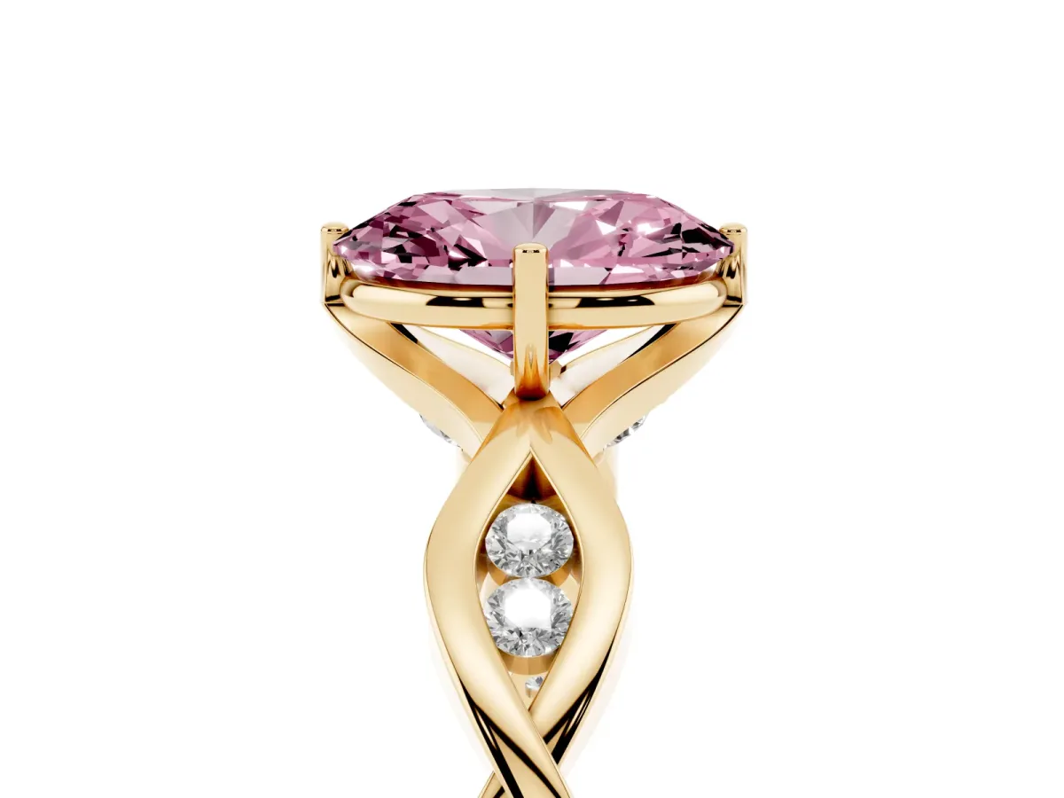 Fancy Pink Oval Cut Solitaire Twist Band with Leaf Prong Setting Yellow gold