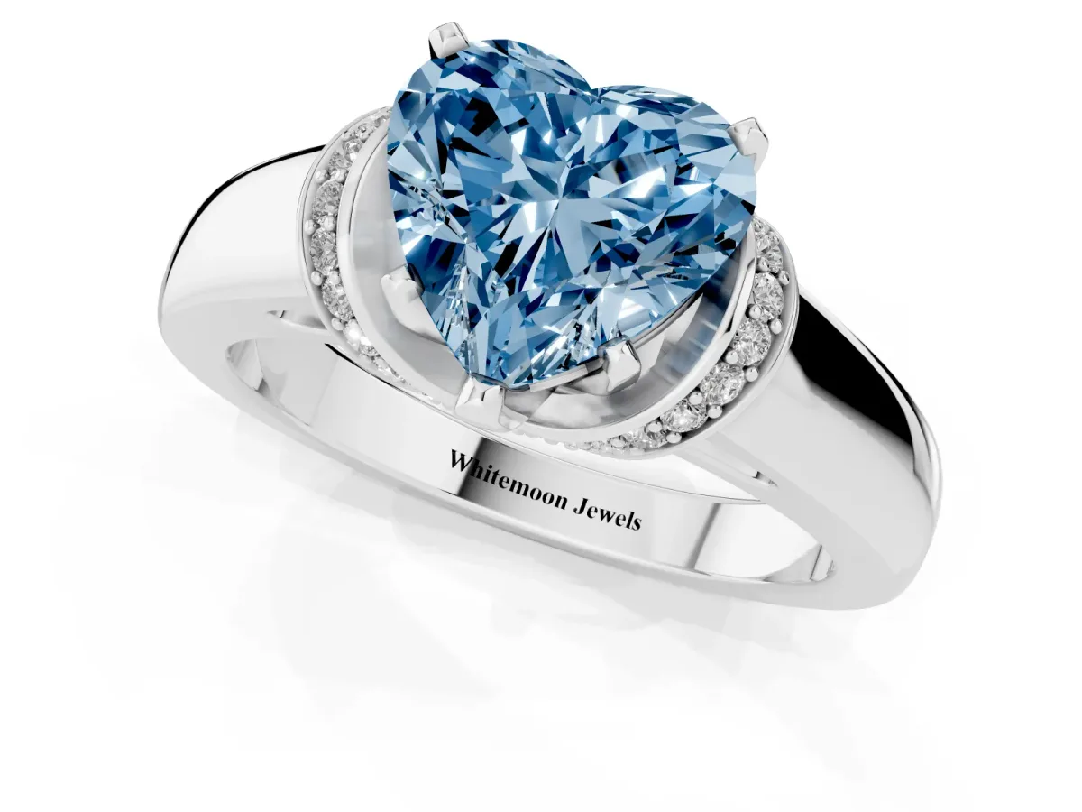 Fancy Blue Heart Cut Solitaire Diamond Ring with Pave Band and Six-Prong Setting Silver