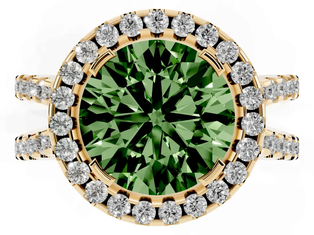 Fancy Green Round Cut Diamond Halo Ring with Split Shank Pavé Band and Prong Setting Yellow gold
