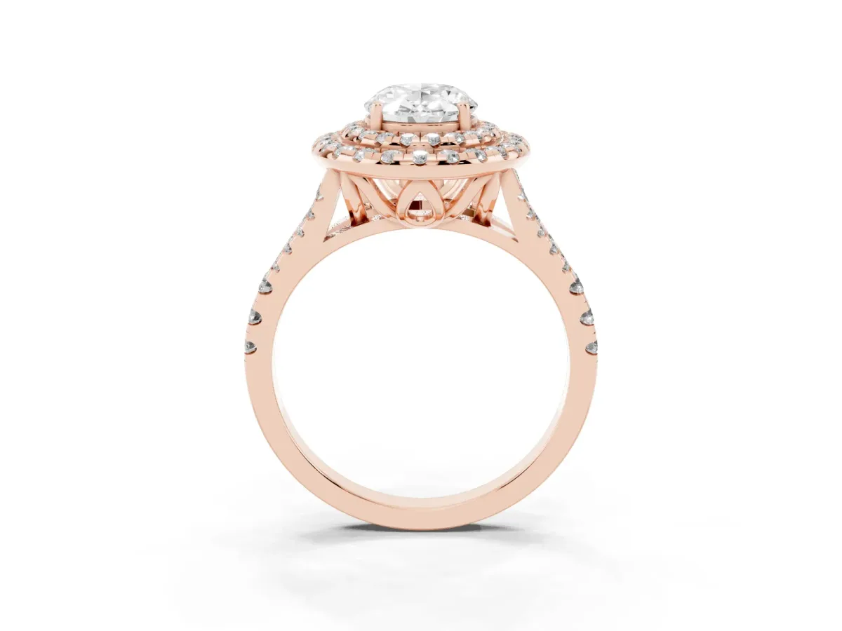 Double Halo Oval Cut Diamond Pavé Split Shank Ring with Prong Setting Rose gold
