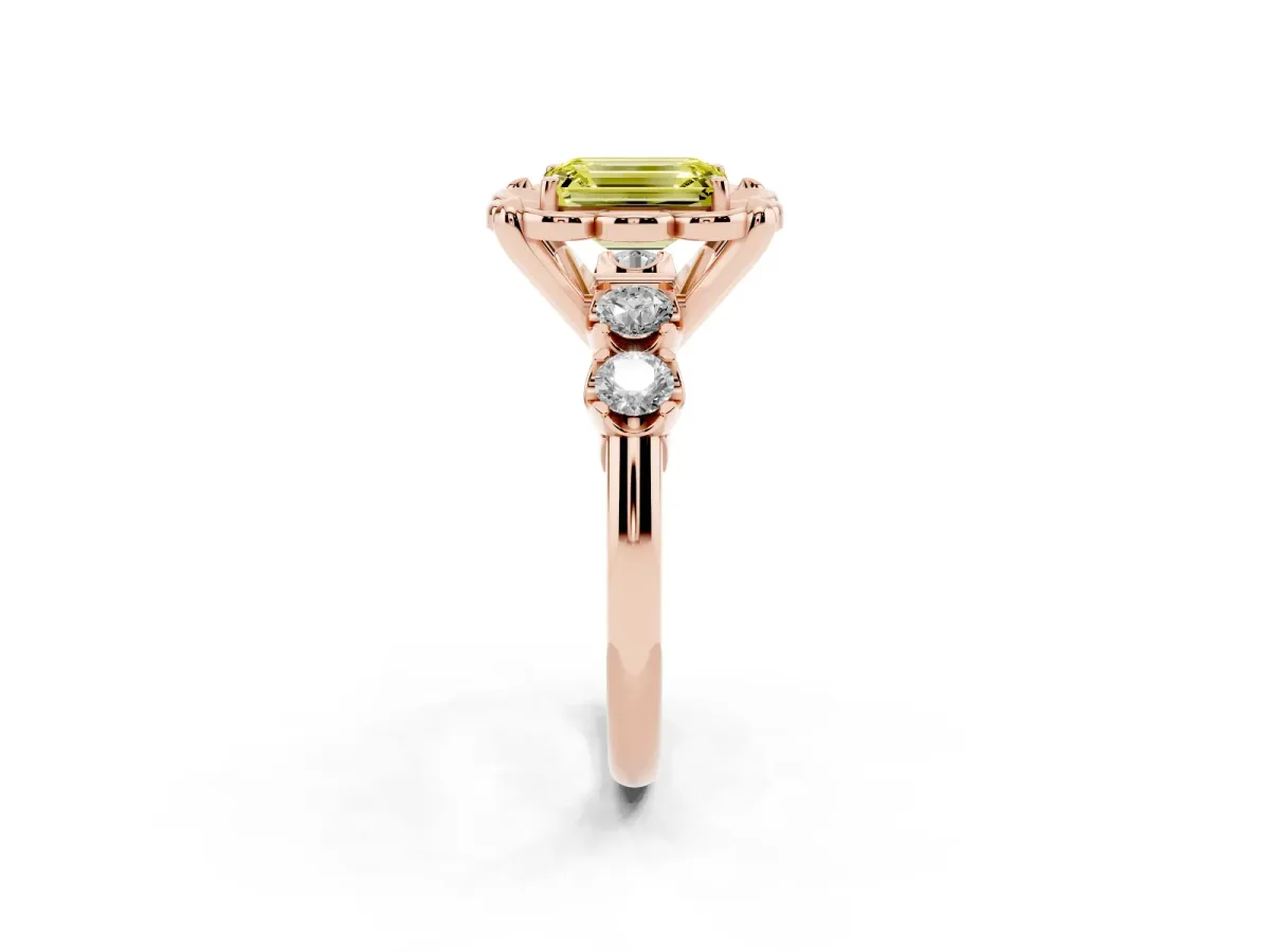 Fancy Yellow Emerald Cut Cut Diamond Floral Halo Engagement Ring with Shared Prong Setting Rose gold