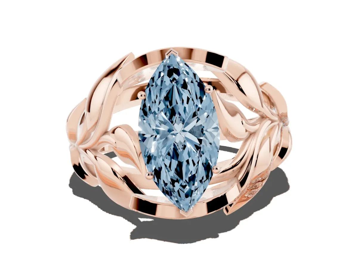 Fancy Blue Marquise Cut Diamond Leaf-Inspired Engagement Ring with Round Accents and Prong Setting Rose gold