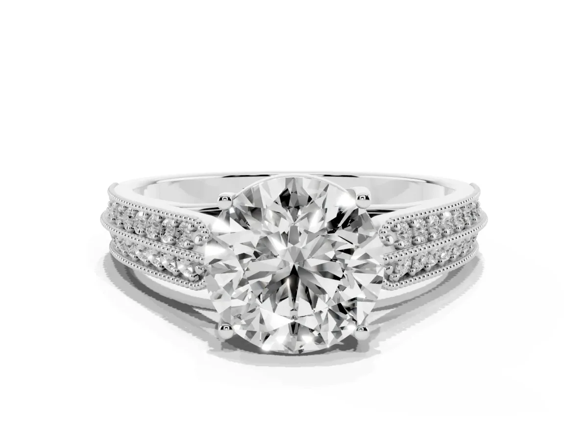 Round Cut Cut Pave Split Shank Engagement Ring with Four-Prong Setting Platinum