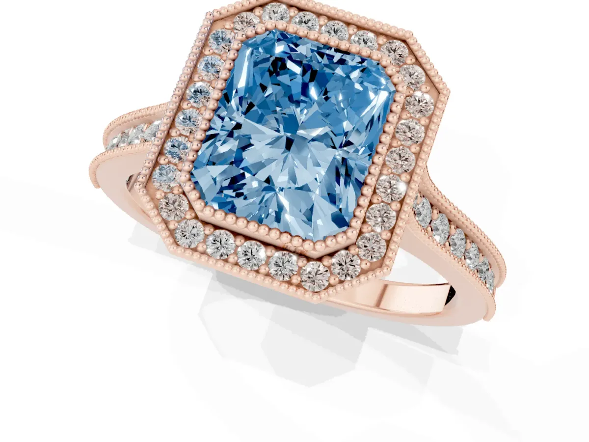 Fancy Blue Halo Radiant Cut-Cut Diamond Pave Band Milgrain Prong Setting Ring Rose gold