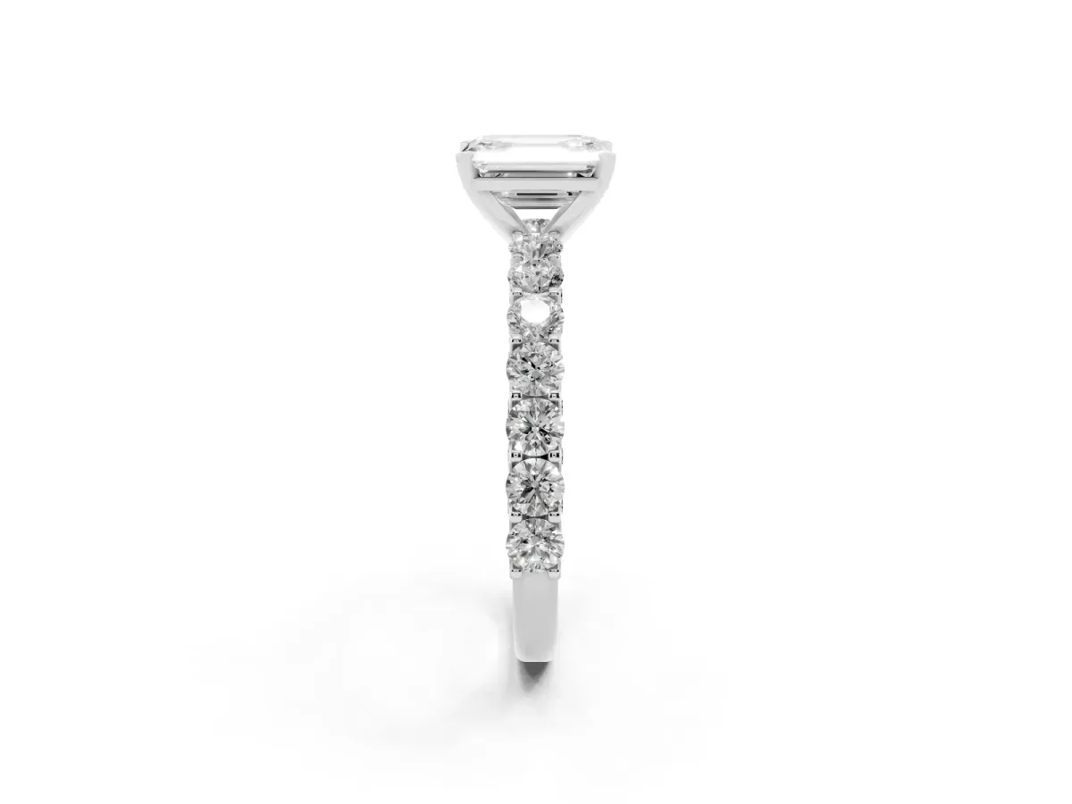 Emerald Cut Diamond Solitaire Ring with Shared Prong Pavé Band and Four-Prong Setting Silver