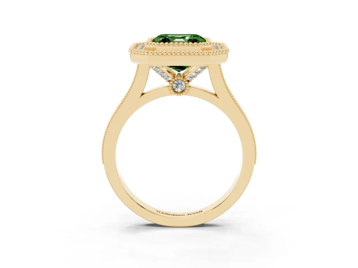 Fancy Green Asscher Cut Diamond Halo Ring with Milgrain Frame and Pavé Band Yellow gold