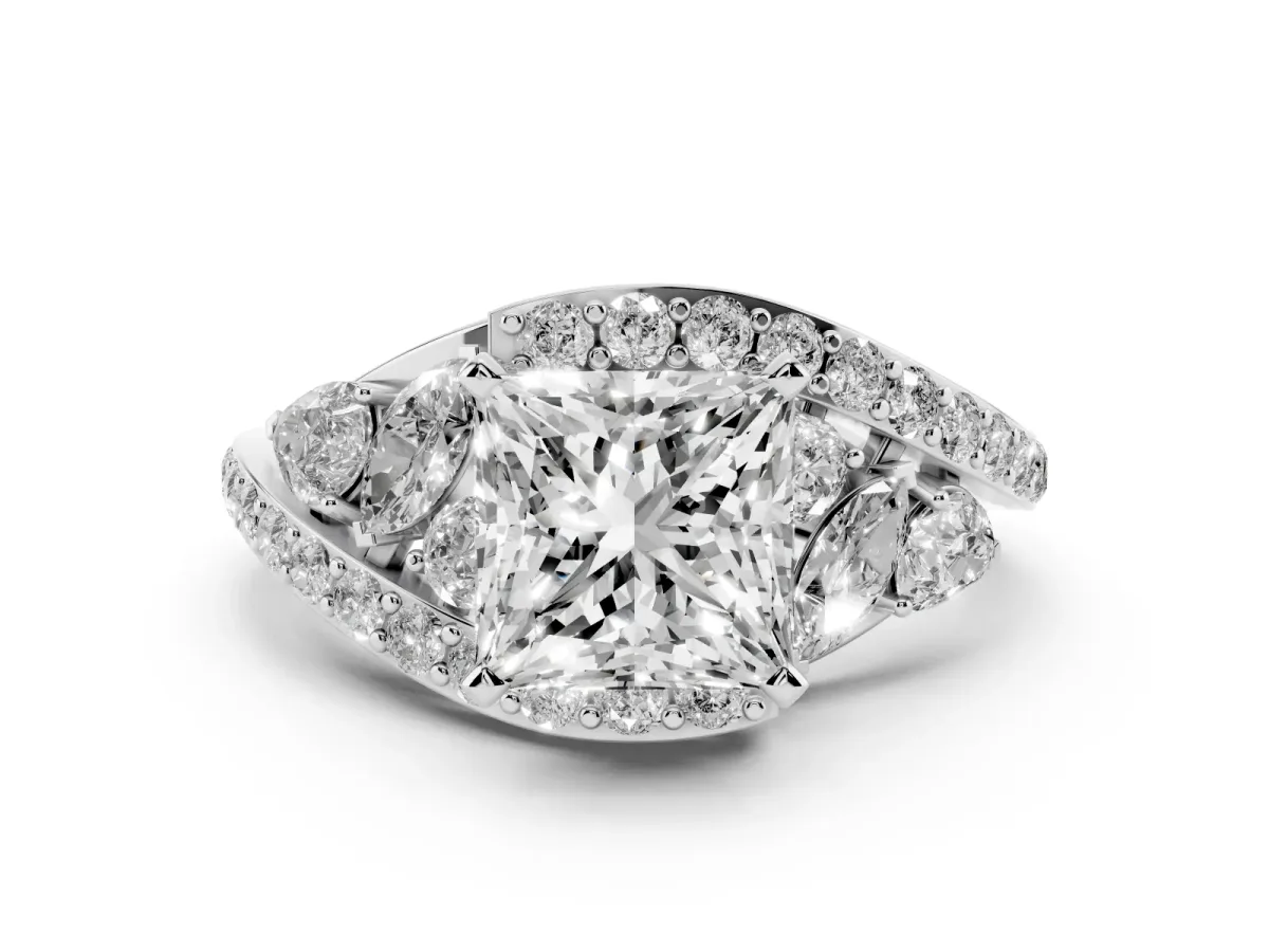 Princess Cut Diamond Halo Ring with Marquise and Pavé Band in Prong Setting White gold