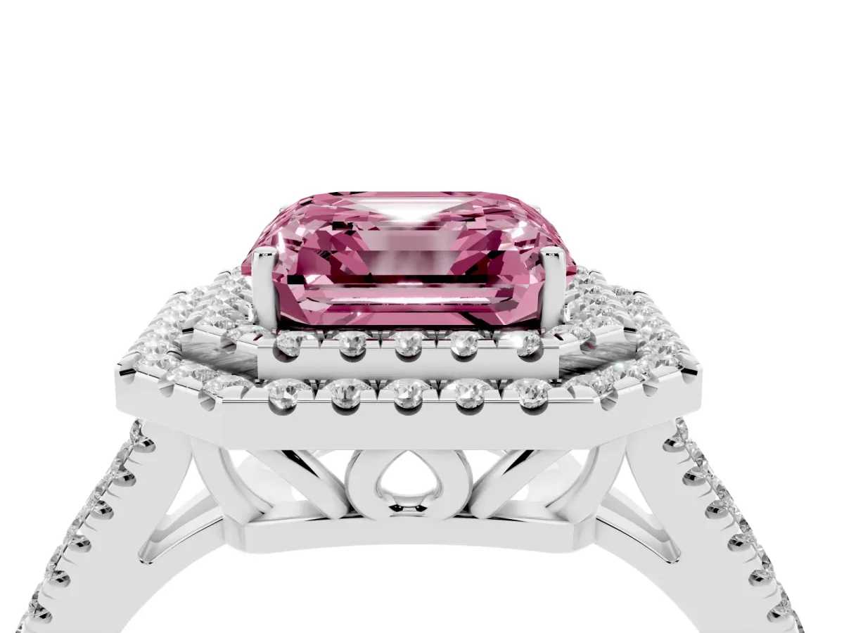 Fancy Pink Asscher Cut Diamond Double Halo Ring with Pavé Band and Prong Setting Platinum