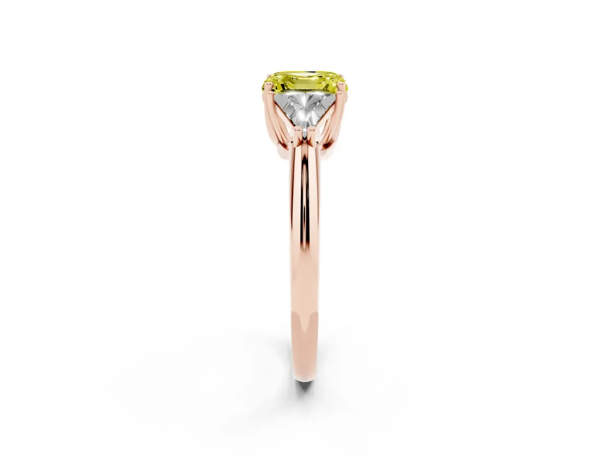 Fancy Yellow Three-Stone Asscher Cut Diamond Engagement Ring with Trillion Side Stones and Prong Setting Rose gold