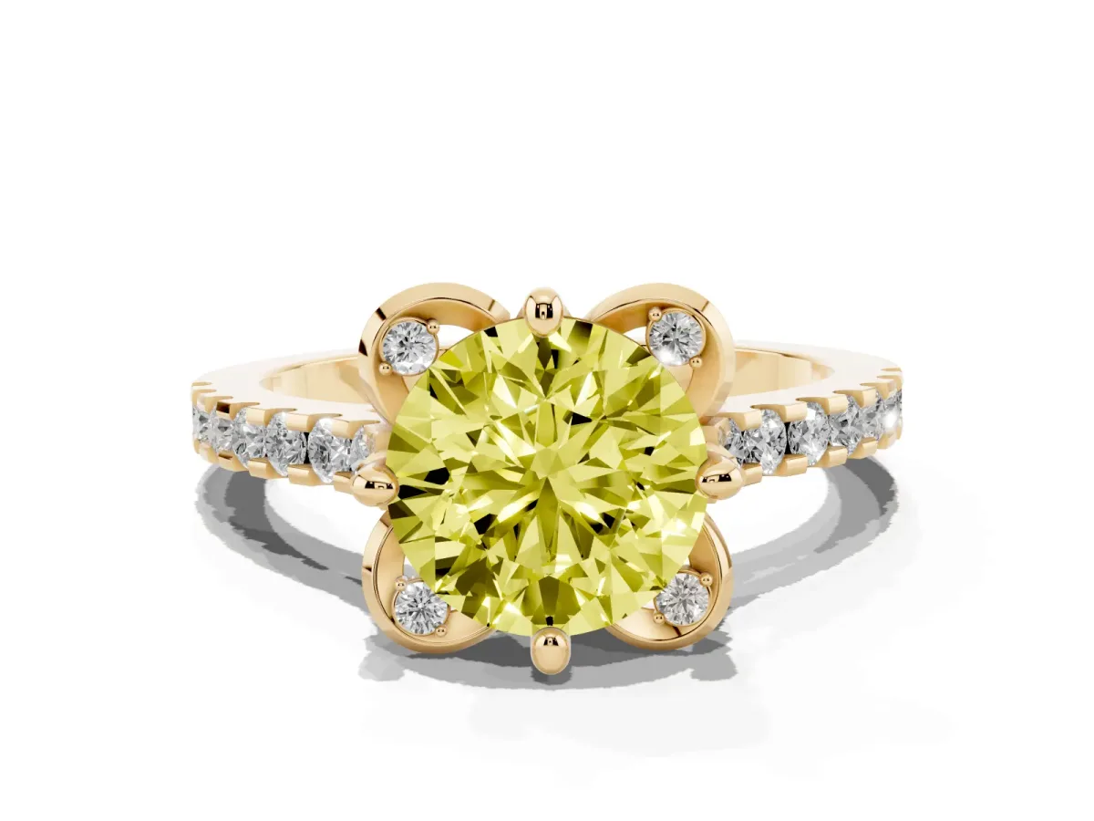 Fancy Yellow Round Cut Diamond Ring with Pavé Band and Floral Prong Setting Yellow gold
