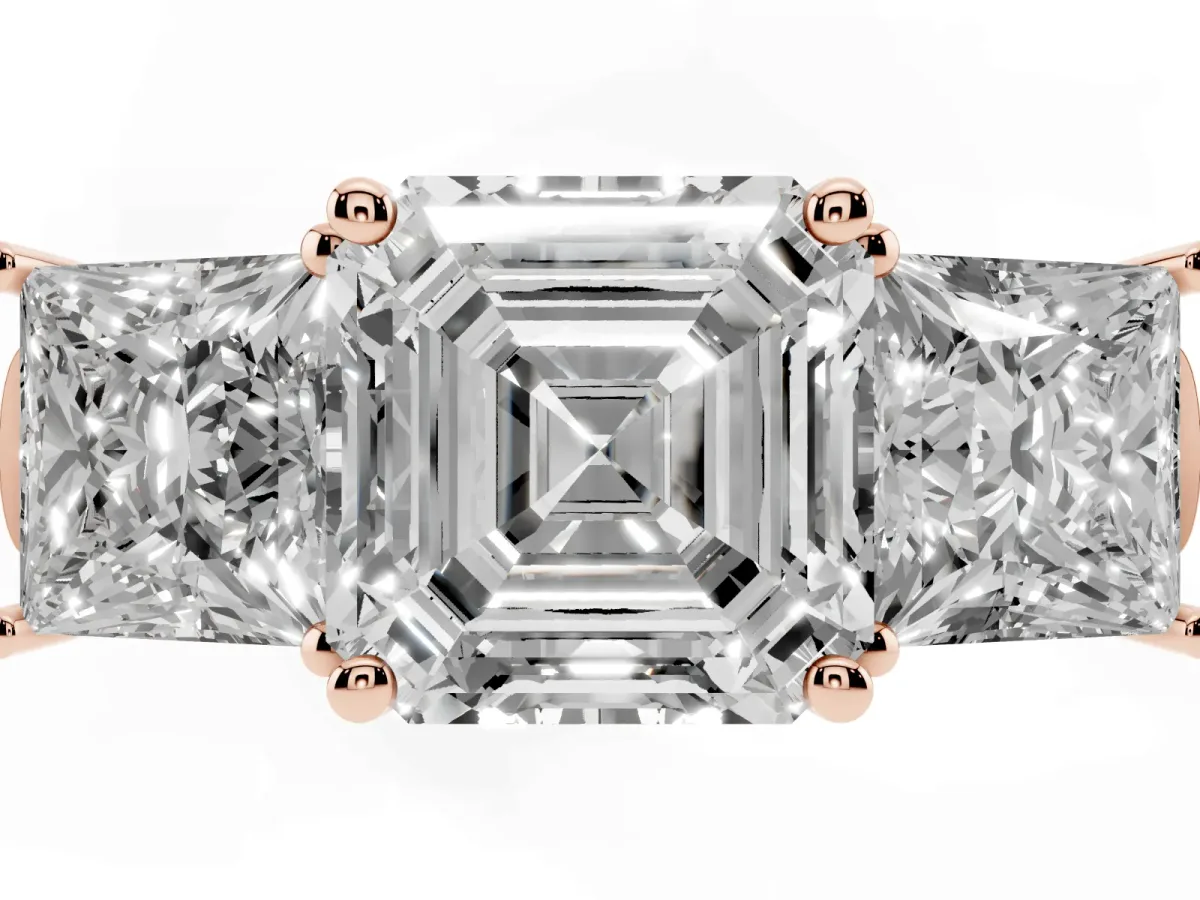Three-Stone Asscher Cut Brilliant Diamond Trellis Ring with Comfort Fit Band Rose gold