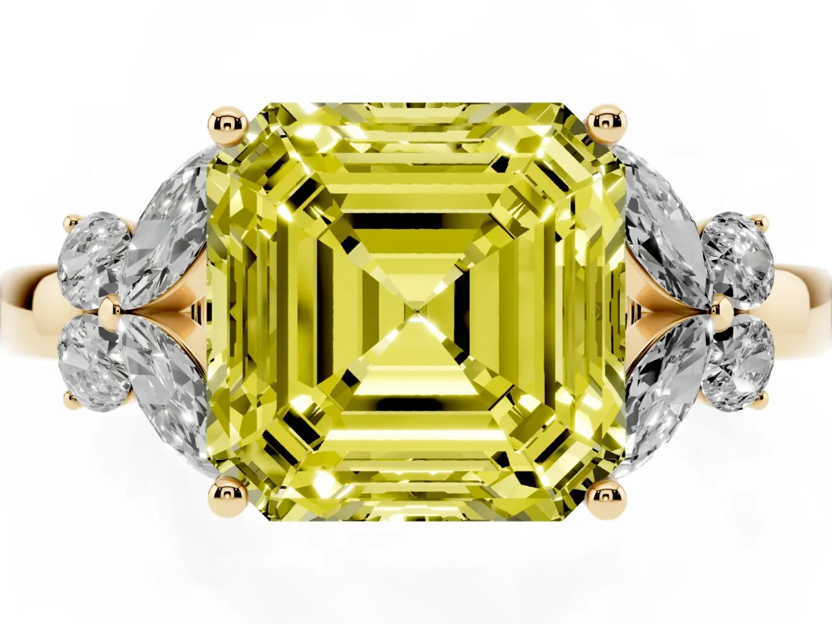 Fancy Yellow Asscher Cut Cut Solitaire Floral Diamond Ring with Four-Prong Setting Yellow gold