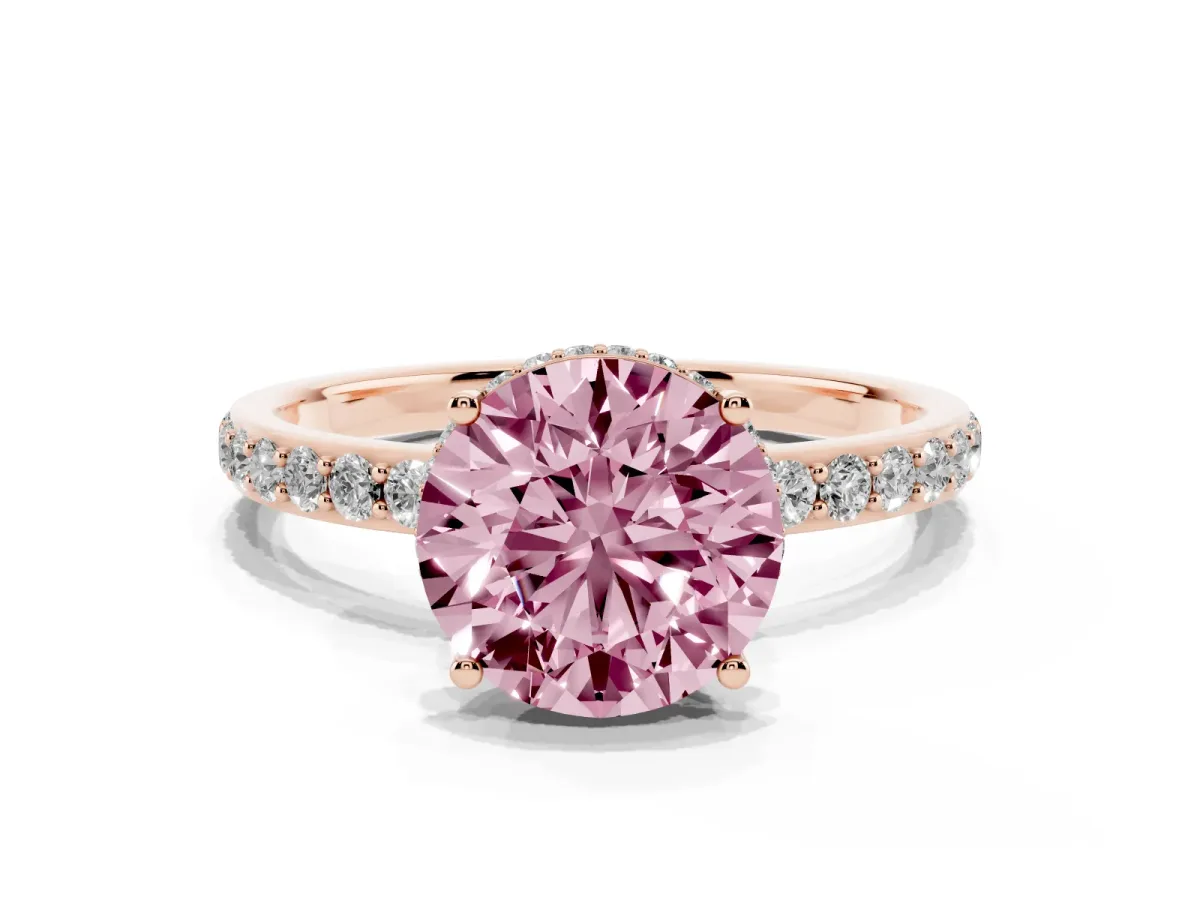 Fancy Pink Round Cut Diamond Solitaire Ring with Pavé Band and Hidden Halo Rose gold