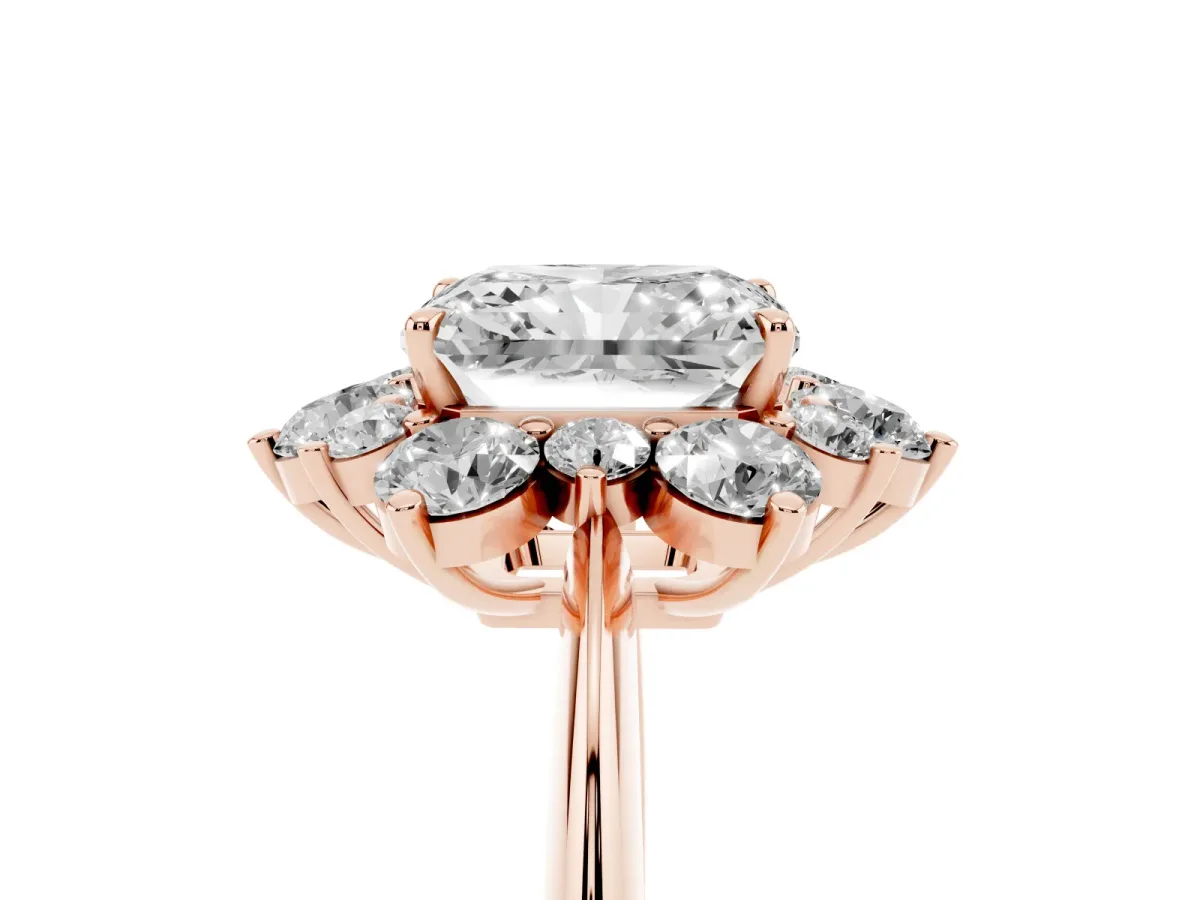 Radiant Cut Diamond Cluster Halo Ring with Solitaire Band and Four-Prong Setting Rose gold